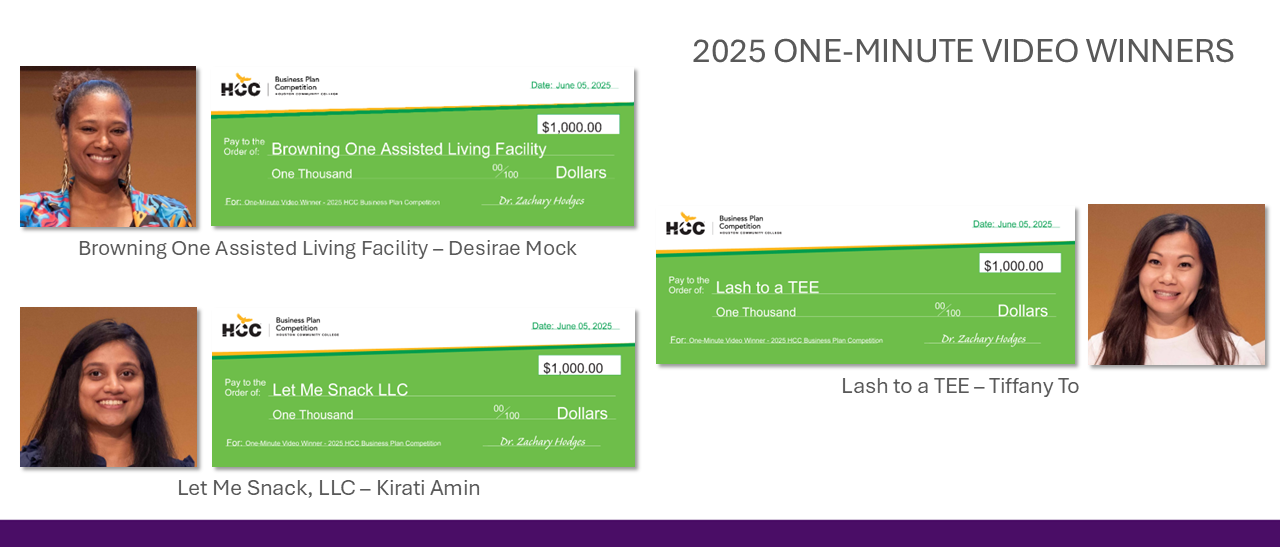 2025 Business Plan Competition one-minute video winners - from left to right. Desira Mock $1,000. Tiffany To $1,000. Kirati Amin $1,000