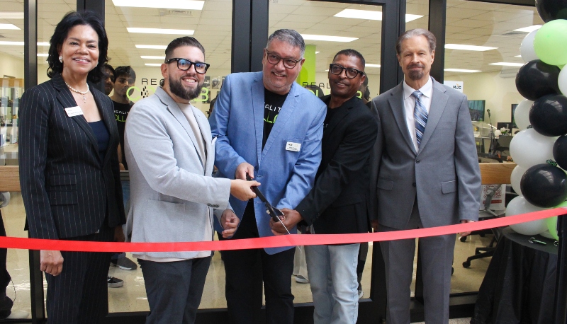 HCC Central Vice President Suzette M. Brimmer, Meta Reality Labs representative Carlos Figarella, Reality COLLAB co Rubén Durán, Reality COLLAB Media, Visual and Performing Arts Support Specialist Lynden Marshall and HCC Central President Butch Herod, Ed.D., take part in a ribbon cutting ceremony for the Innovation Hub for Immersive Learning at the HCC Central Campus.